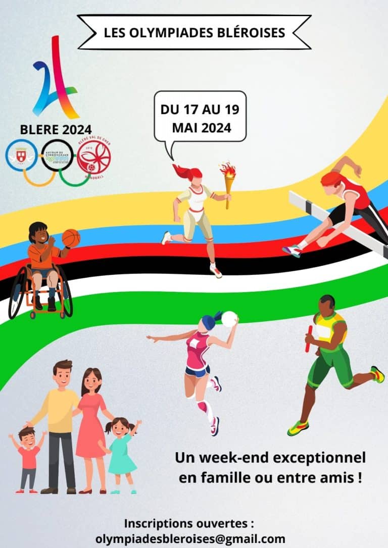 Affiche concernant un week-end d'olympiades organisé du 17 au 19 mai 2024 à Bléré.