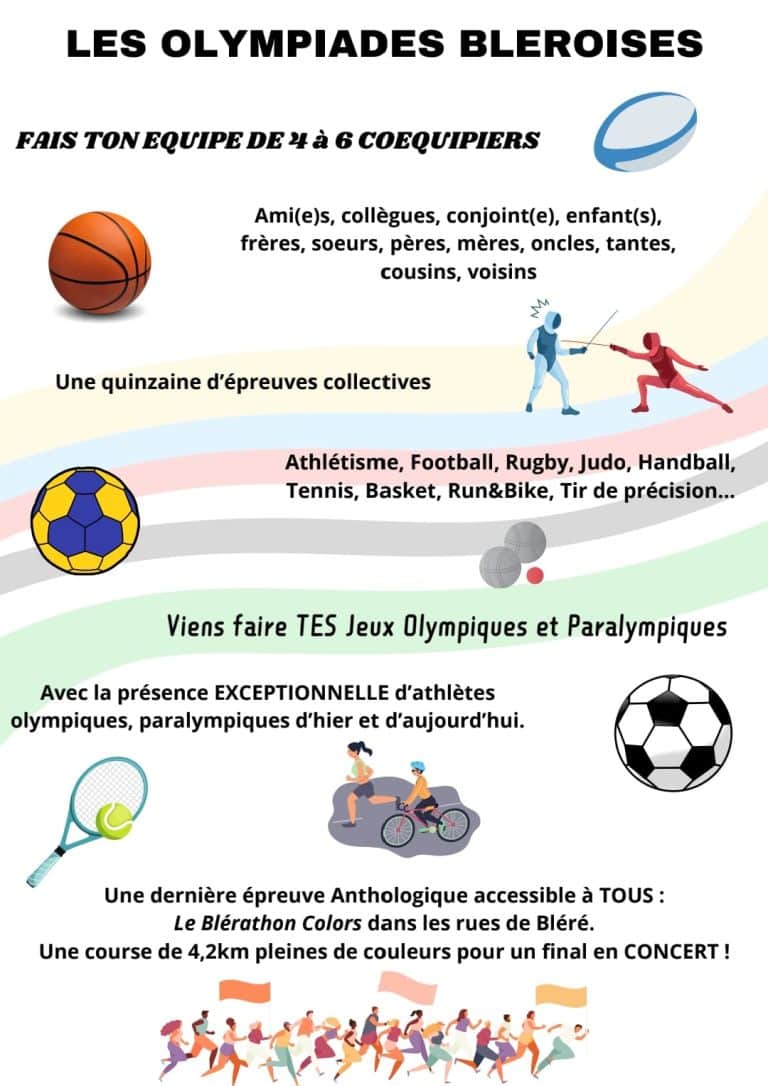 Affiche concernant le programme du week-end d'olympiades organisé du 17 au 19 mai 2024 à Bléré.