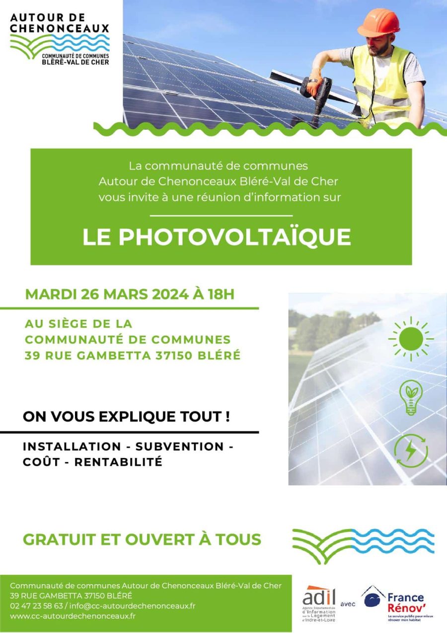 Réunion d’information « Le Photovoltaïque » INSTALLATION – SUBVENTION – COÛT- RENTABILITÉ – Mardi 26 mars 2024 18h00