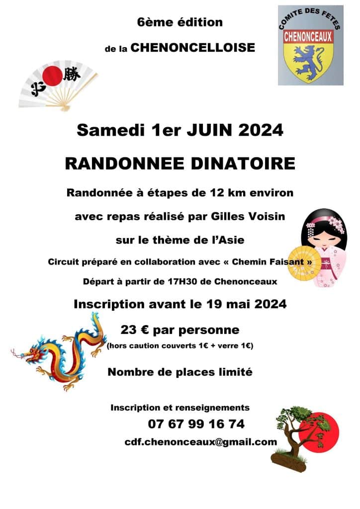 Affiche annonçant une randonnée dinatoire 01/06/2024 Chenonceaux (sur réservation)